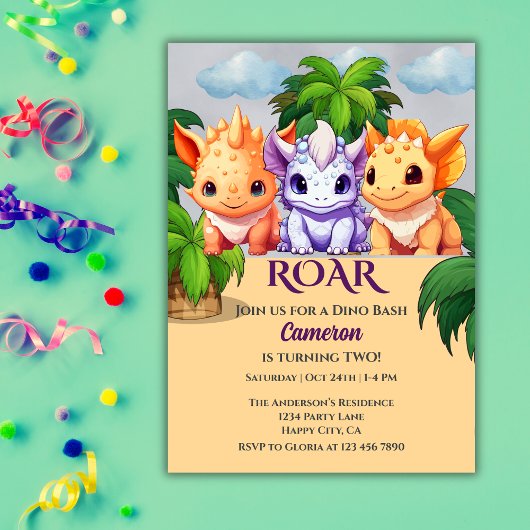 Jungle Dinosaur Dino Bash 2nd birthday Party Kaart