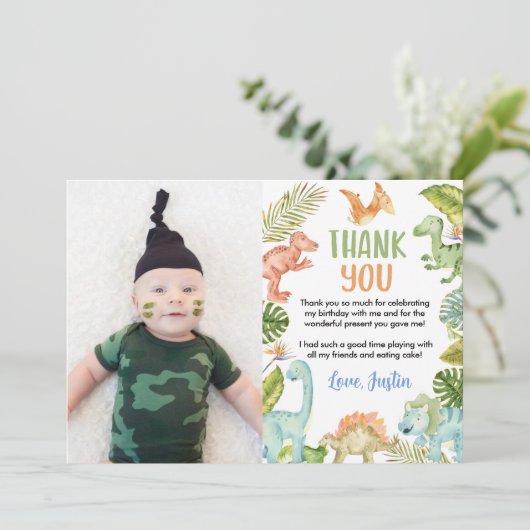 Jungle Dinosaur Verjaardag Foto Bedankkaart (Staand voorkant)