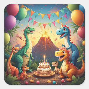 🎈 Jungle Dinosaur Verjaardagsfeest Met Vulkaan Vierkante Sticker