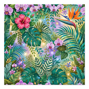 Jungle Fantasie Bloemen Paars Groen Goud Dromerig Foto Afdruk