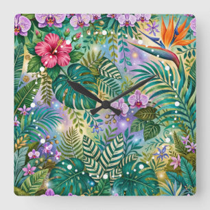 Jungle Fantasie Bloemen Paars Groen Goud Dromerig Vierkante Klok