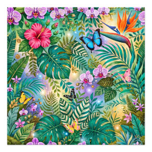 Jungle Fantasie Vlinders Bloemen Opgewekt Foto Afdruk