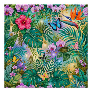 Jungle Fantasie Vlinders Bloemen Opgewekt Perfect Poster