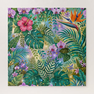 Jungle Fantasy Bloemen Paars Groen Goud Dromerig Legpuzzel