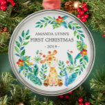 Jungle Giraffe Baby's First Christmas Ornament<br><div class="desc">Cute baby's first Christmas ornament the sweetest little giraffe framed met watercolor jungle leaves.</div>