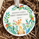 Jungle Giraffe Photo Baby's 1st Christmas Ornament<br><div class="desc">Cute baby's first Christmas ornament the sweetest little giraffe framed met watercolor jungle leaves. Flip the ornament over and add your foto!</div>