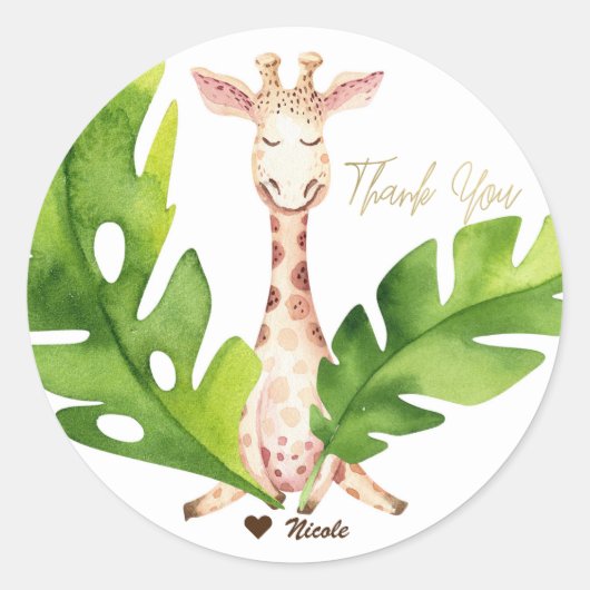 Jungle Giraffe Waterverf Babyshower Feest Ronde Sticker (Voorkant)