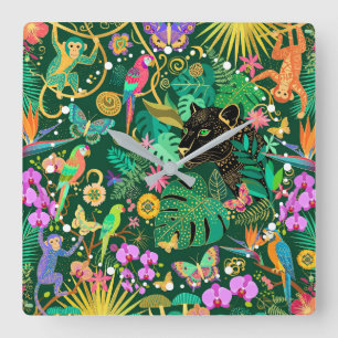Jungle Gouden Fantasie Surreal Exotisch Vierkante Klok