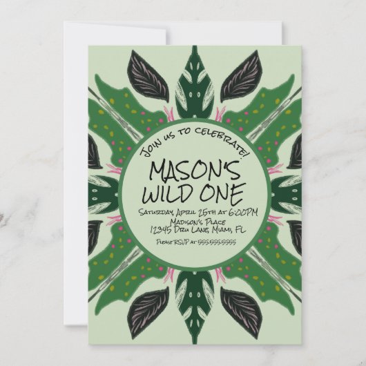 Jungle Groene Hand Getekende Dierenpark Feest Kaart (Voorkant)