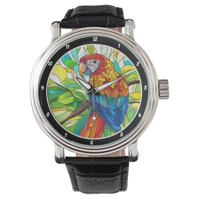 Jungle Harmony" - Stained Glass Parrot Horloge (Voorkant)
