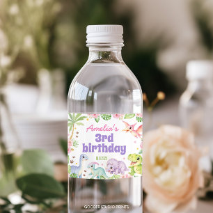 Jungle Lief Dinosaurius Meisje Roze Bloemen Verjaa Waterfles Etiket