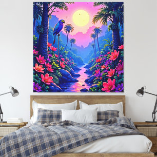 Jungle Maan Blauwe Papegaai Paradijs Canvas Afdruk
