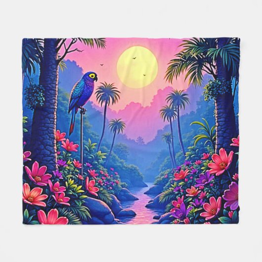 Jungle Maan Blauwe Papegaai Paradijs Fleece Deken (Voorkant (Horizontaal))