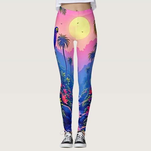 Jungle Maan Blauwe Papegaai Paradijs Leggings (Voorkant)