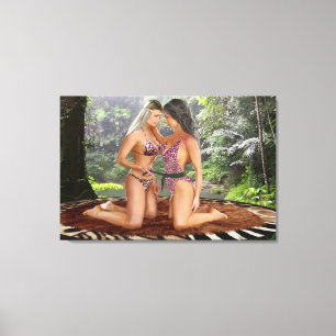 JUNGLE MEISJES GAAAN ONDERLINGE GEVECHTEN AAN CANVAS AFDRUK