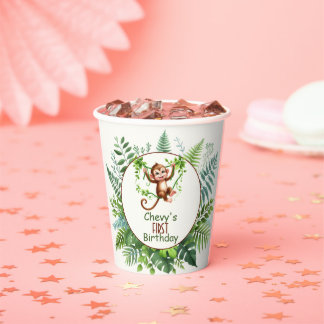 Jungle Monkey Hanging On Branch First Birthday  Papieren Bekers