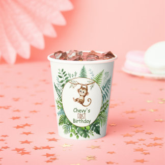 Jungle Monkey Hanging On Branch First Birthday  Papieren Bekers