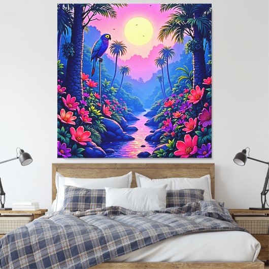 Jungle Moon Blue Parrot Paradise Canvas Afdruk (Insitu (Slaapkamer))