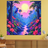 Jungle Moon Blue Parrot Paradise Canvas Afdruk (Insitu (Woonkamer))