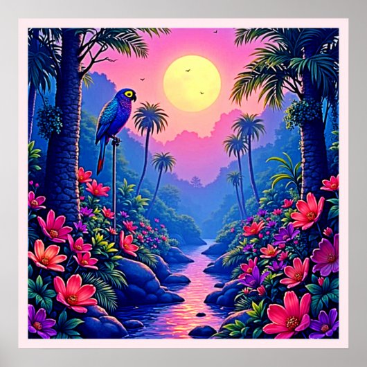 Jungle Moon Blue Parrot Paradise Poster (Voorkant)