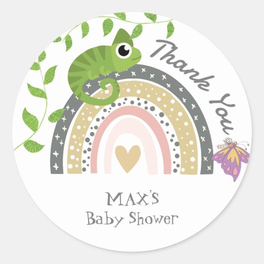 Jungle, Regenboog & Kameleon Baby Shower Dank je Ronde Sticker (Voorkant)