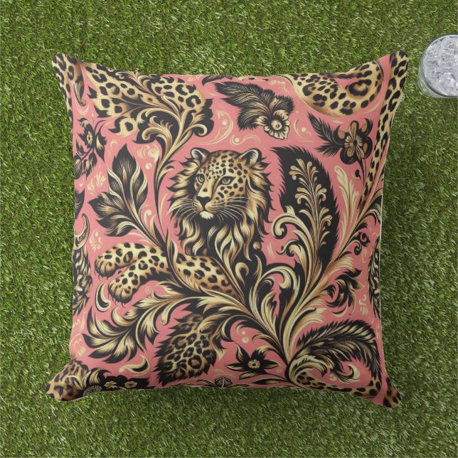 Jungle Roze en Zwarte Luipaard  Buitenkussen (Gras)