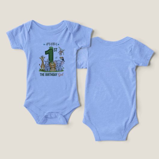 Jungle Safari 1st Birthday Girl Baby Bodysuit (Ontwerp Voorkant & Achterkant)