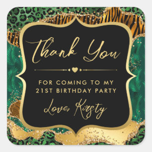 Jungle Safari Agate Groen en Gouden Verjaardag Vierkante Sticker