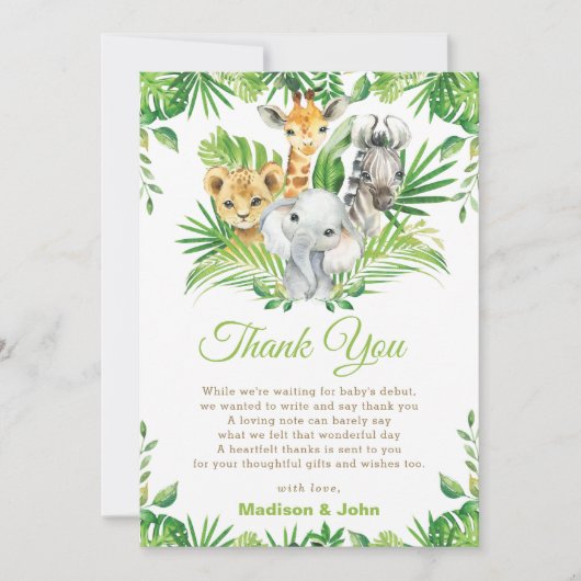Jungle Safari Animals Greenery Neutral Baby Shower Bedankkaart (Voorkant)