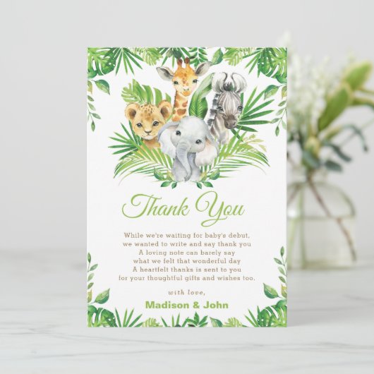 Jungle Safari Animals Greenery Neutral Baby Shower Bedankkaart (Staand voorkant)