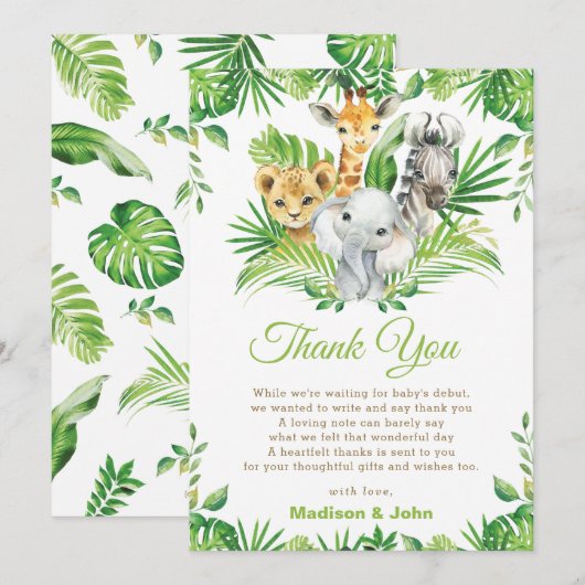 Jungle Safari Animals Greenery Neutral Baby Shower Bedankkaart (Voorkant / Achterkant)
