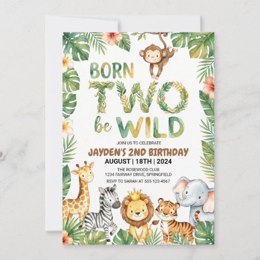 Jungle Safari Born Two Be Wild Birthday Invitation Kaart (Voorkant)