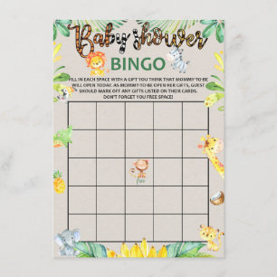Jungle Safari Dieren Baby Shower Bingo Spelkaart Informatiekaartje