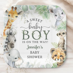 Jungle Safari Dieren Jongen Baby Shower Tropisch Papieren Bordje