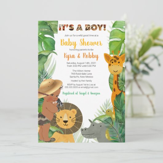 Jungle Safari Dieren Jongens Baby Shower Kaart (Staand voorkant)
