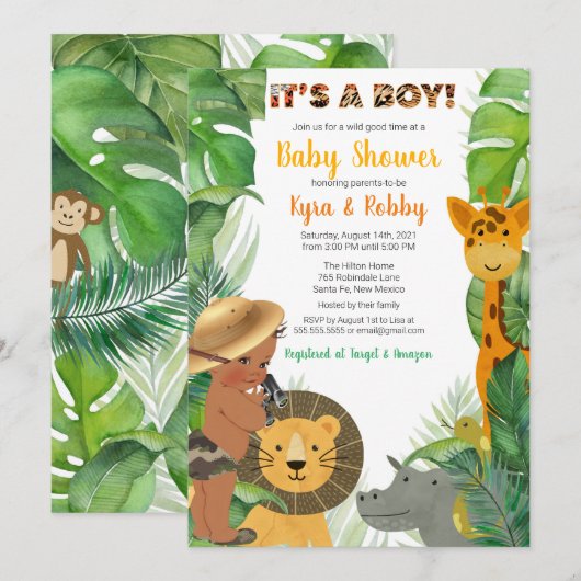 Jungle Safari Dieren Jongens Baby Shower Kaart (Voorkant / Achterkant)