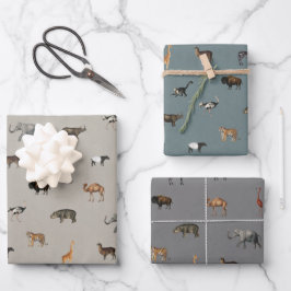 Jungle Safari Dieren Patroon Blauw Beige Grijs Inpakpapier Vel