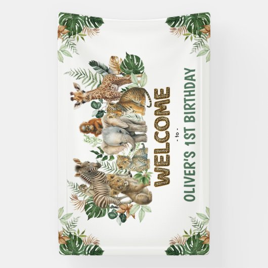 Jungle Safari Dieren Verjaardags Welkom Spandoek (Verticaal)