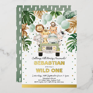 Jungle Safari Feest Dieren Wilde Eén Verjaardag Folie Uitnodiging