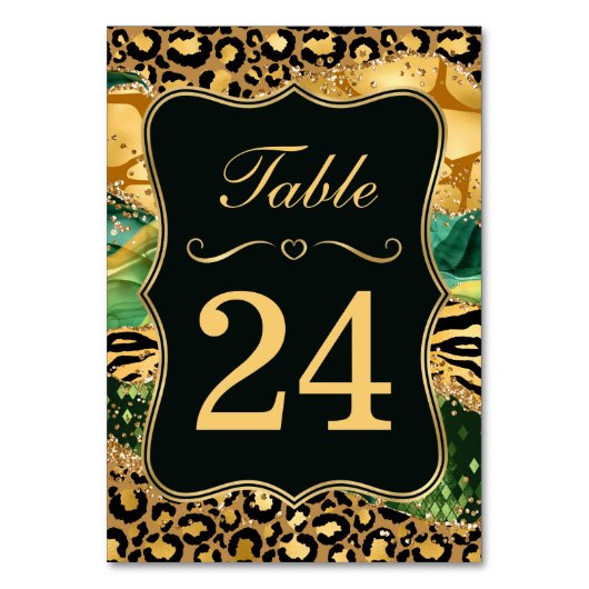 Jungle Safari Groen Glitter Bruiloft Tafelnummer (Voorkant)
