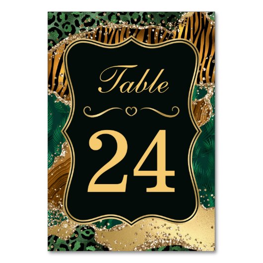 Jungle Safari Groene Glitter Bruiloft Tafelnummer (Voorkant)