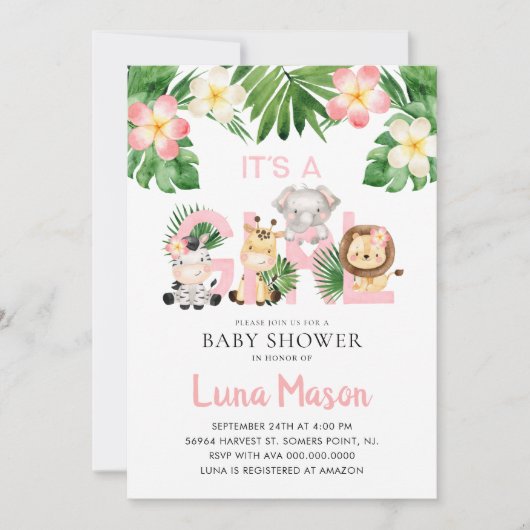 Jungle Safari It's A Girl Baby Shower Invitations Kaart (Voorkant)