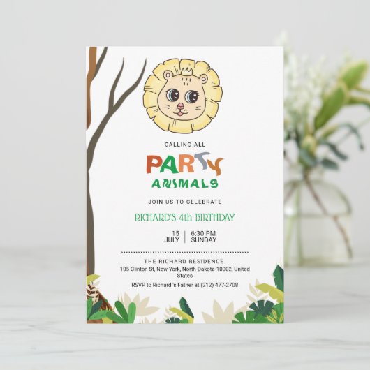 Jungle Safari Leeuw Thema Kinderen Verjaardagsfees Kaart (Staand voorkant)