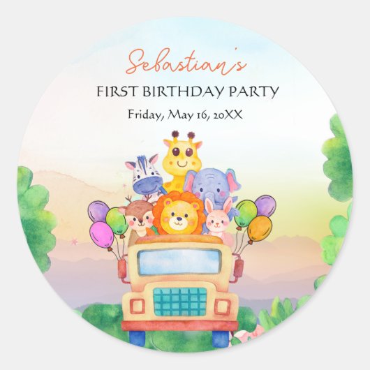 Jungle Safari Ride Theme 1st Birthday Ronde Sticker (Voorkant)