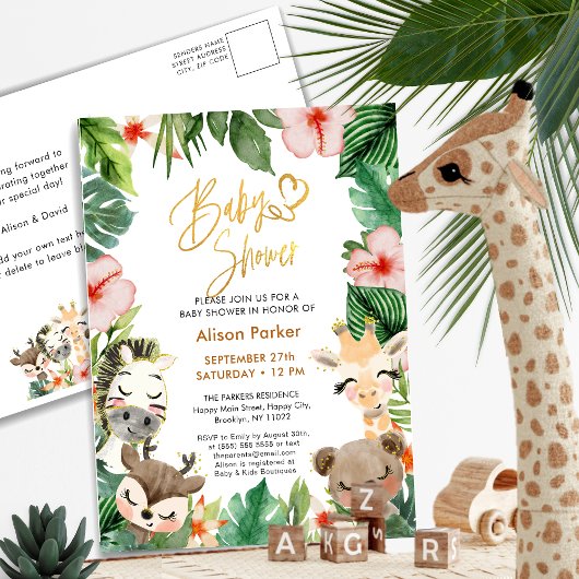 Jungle Safari Tropisch Bloemstuk Baby Shower Uitnodiging Briefkaart