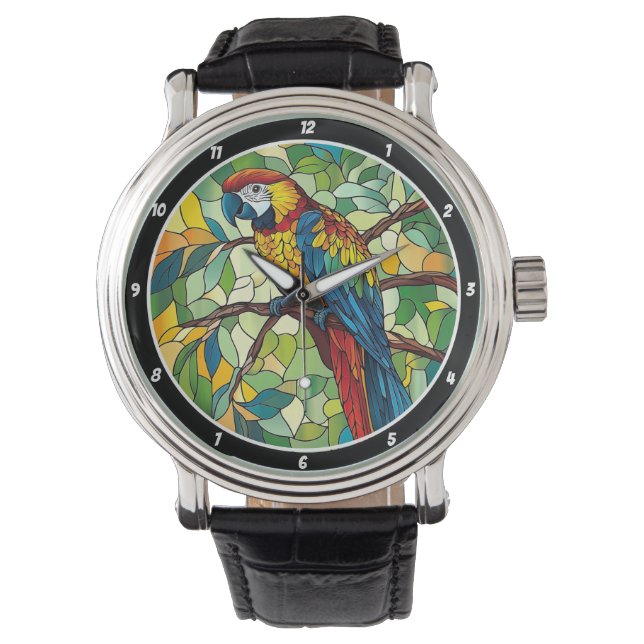 Jungle Symphony" - Stained Glass Macaw Wall Horloge (Voorkant)