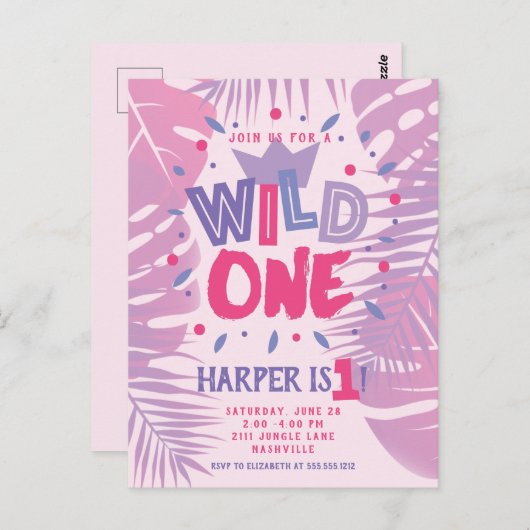 Jungle Thema Eerste Verjaardag Meisje Wild One Briefkaart (Voorkant / Achterkant)