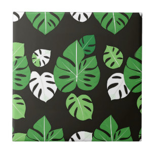 Jungle Tropische Monstera Bladeren Zwarte Achtergr Tegeltje