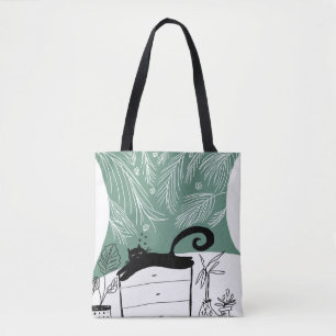 Jungle Zwarte Kat Tropische Planten Illustratie Tote Bag