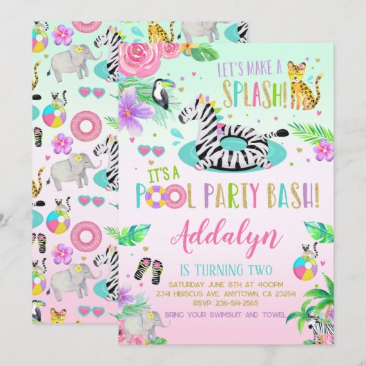 Jungle zwembadfeest uitnodiging (Voorkant / Achterkant)